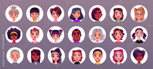 Old woman face avatar variety vector set. Happy smile girl head character in white circle illustration. Female various profile portrait isolated in circle. Beautiful diverse icon for office user.