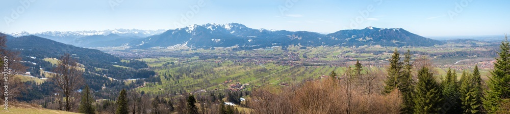 Naklejka premium view from Sunntraten to Isar valley Lenggries, Brauneck and Blomberg mountain