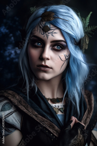 Close up portrait of a female night-elf with blue hair and dark makeup. Medieval fantasy leather armor. Medieval cosplay created with generative AI