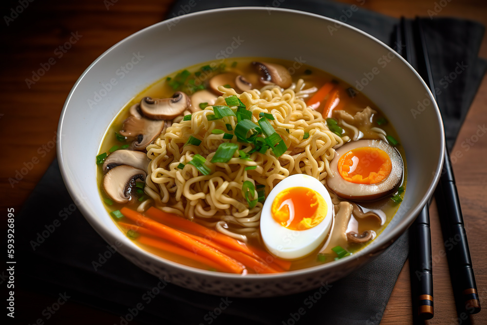 Ramen soup with chicken, egg, chives and sprout. Ramen soup with chicken, egg, chives and sprout.