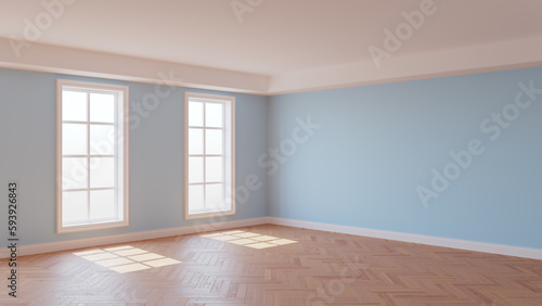 Interior with Light Blue Walls, Two Windows, White Ceiling and Cornice, Glossy Herringbone Parquet Floor and a White Plinth. Beautiful Interior Concept. 3D rendering, 8K Ultra HD, 7680x4320, 300 dpi