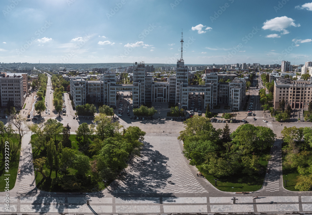 Aerial wide-angle panorama of Derzhprom building on Freedom Square in Kharkiv city center, Ukraine. Constructivist architecture
