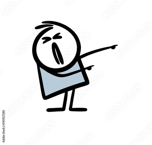 Funny stickman with a dismissive grimace points his finger to the right.