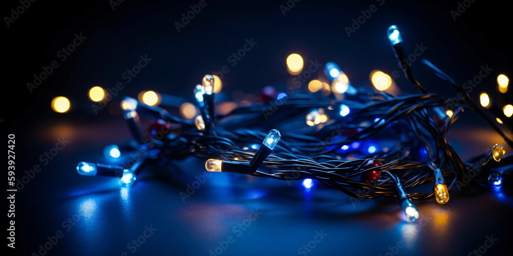 Weihnachtsbeleuchtung auf einem dunklen Hintergrund mit Bokeh. Neujahr und Weihnachten Konzept - mit KI erstellt 