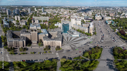 Aerial look down panorama view on Karazin National University northern building on Freedom square with green park in spring Kharkiv city, Ukraine photo