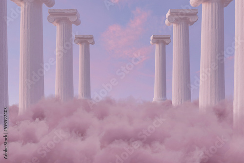 Canvas Print 3d rendering of white columns over fluffy pink clouds
