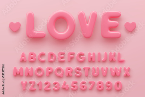 3D Pink alphabet with numbers with a glossy surface on a pink background .