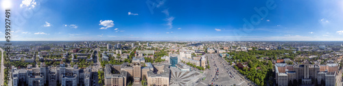 Aerial high panorama view on Derzhprom, Karazin National University buildings and Freedom Square with blue sunny sky in Kharkiv, Ukraine