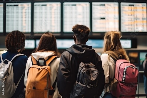 People traveling at the airport looking at the departure board, generative ai