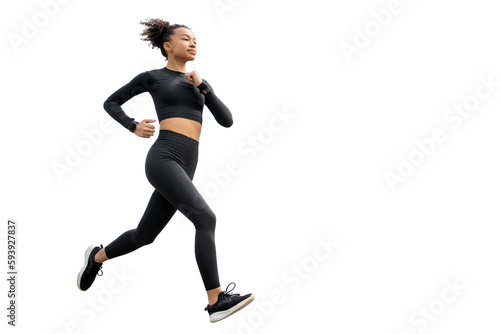 Front side view of a woman running a fitness marathon fast, a trainer in sportswear and full-length sneakers, transparent background.
