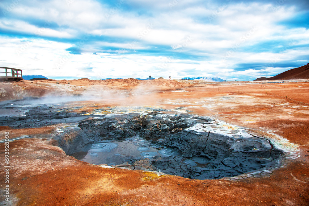 Magical dramatic scene with geothermal swamp and volcanoes in Hverir (Hverarond) valley in the Myvatn region. Iceland. Exotic countries. Amazing places.
