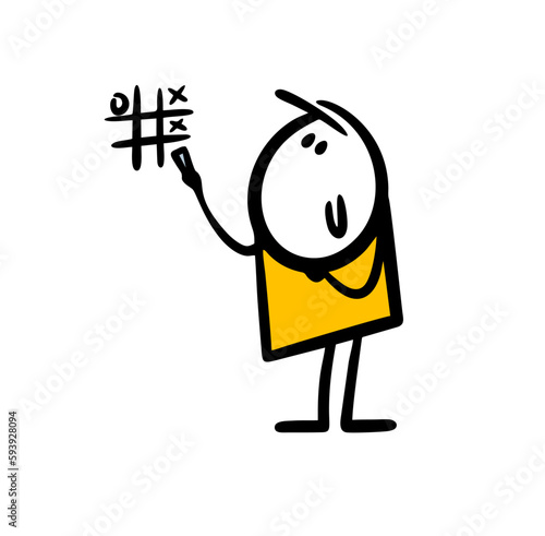 Cartoon character draws chalk on the wall and plays tic tac toe.