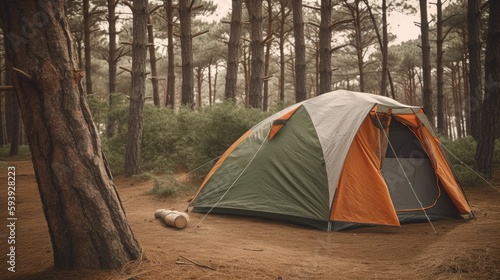 Tourist tent camping in mountains Generative AI