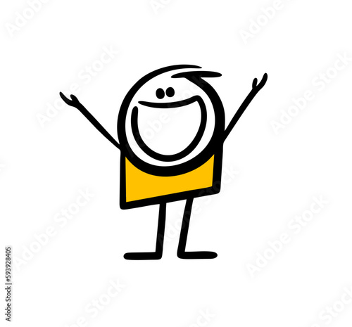 Very happy doodle boy with rising up hands and big smile on the face.