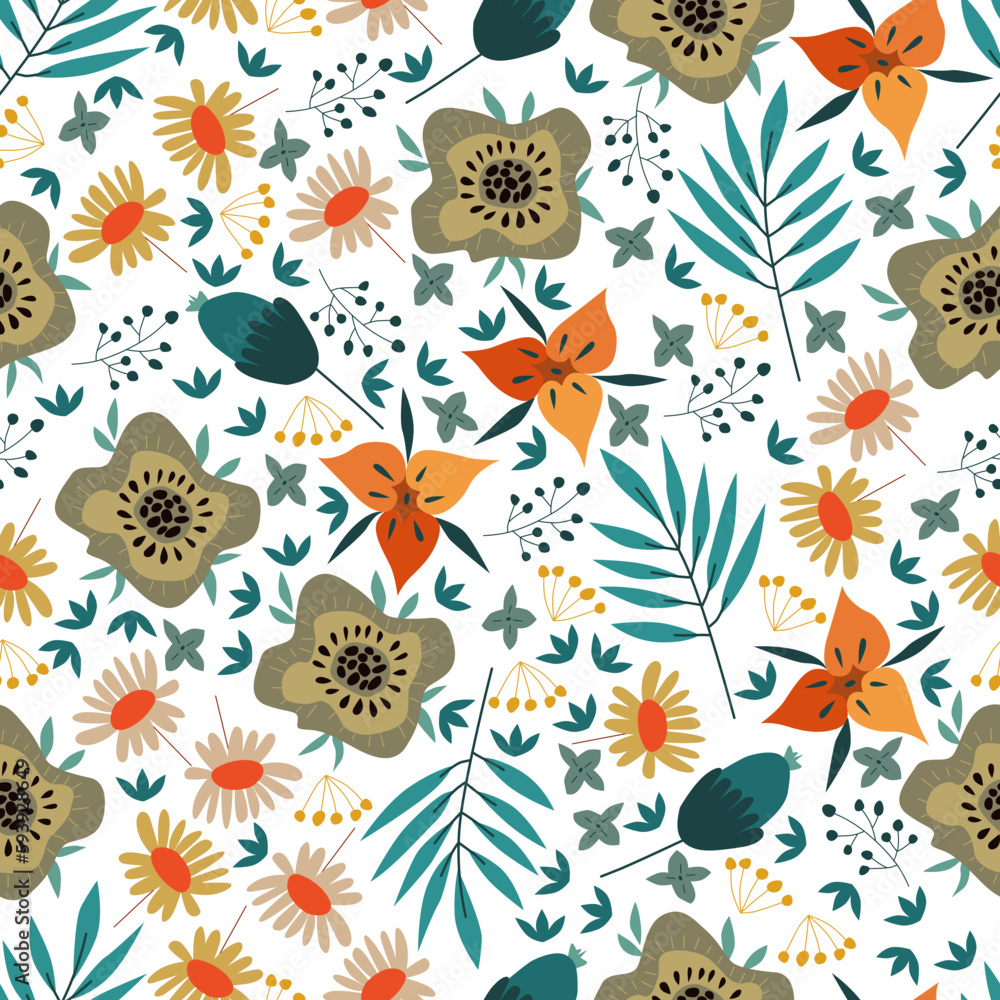 Vector seamless texture with stylized cute wild flowers and flowers composition on a plain isolated background Vector seamless texture with stylized cute wild flowers and flowers composition on a plain isolated background