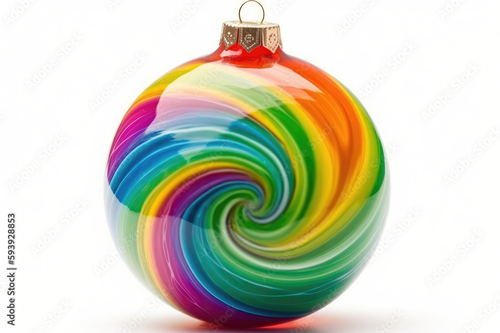 Rainbow Swirl Ball For Christmas Tree On White Background. Generative AI Rainbow Swirl Ball For Christmas Tree On White Background. Generative AI