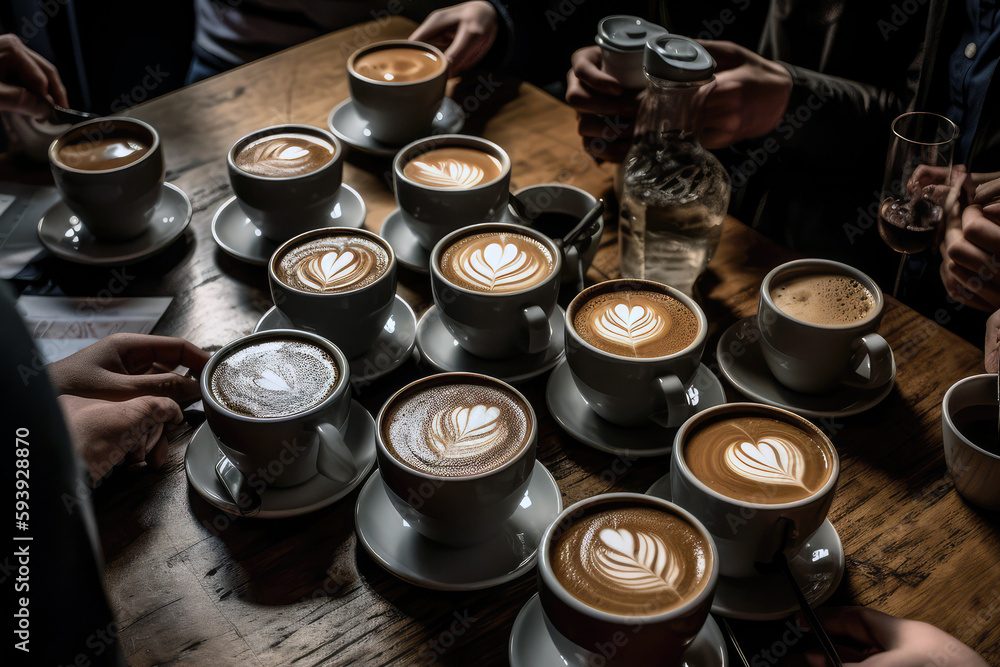 Lots Of Cups Of Coffee Lattes And Group Of People Around. Generative AI Lots Of Cups Of Coffee Lattes And Group Of People Around. Generative AI