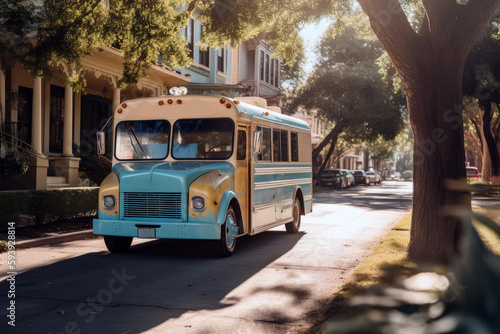 Ice Cream Truck Driving Down Sunny Street. Ice Cream Day Celebration. Generative AI