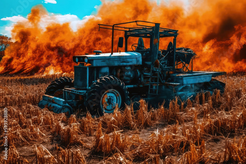 One Of The Farm Machines With Flames In The Corn Fields. Generative AI