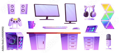 Isolated game computer in streamer room interior vector set. Cartoon neon computer, desk and keyboard futuristic equipment for geek workstation. Headphones with gamepad and monitor for gamer office