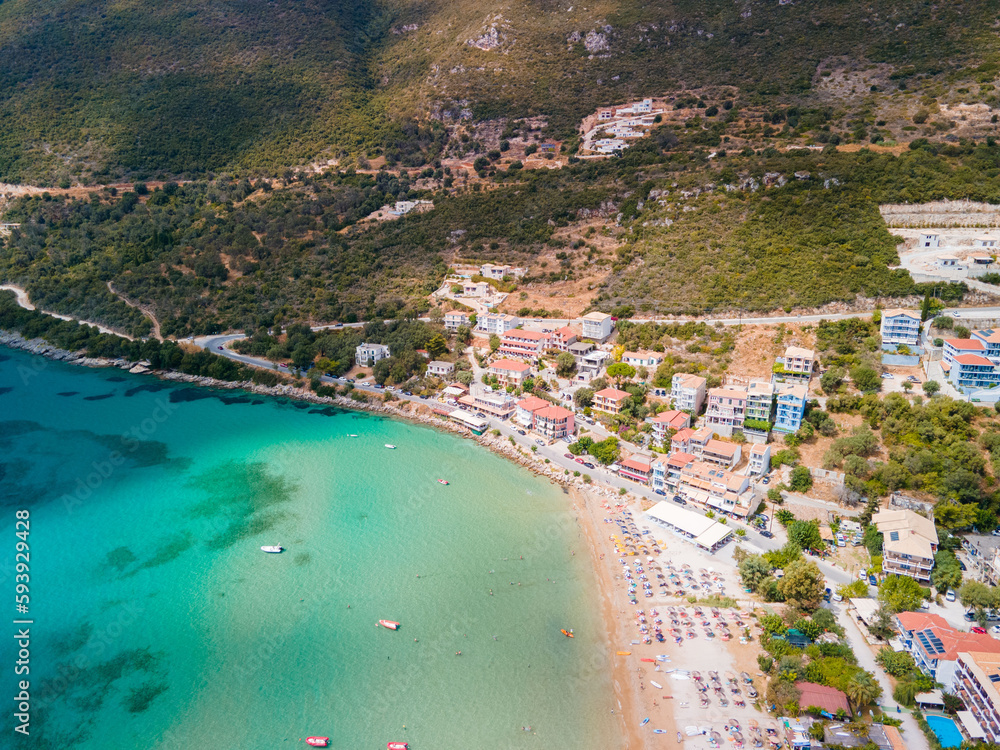 aerial view of vasiliki beach windsurfing Lefkada island Greece
