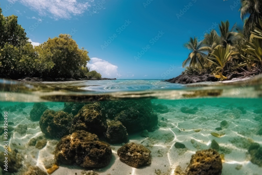 A sandy beach fringed by swaying palm trees, crystal clear water and a relaxing tropical atmosphere make for a perfect setting - Generative AI A sandy beach fringed by swaying palm trees, crystal clear water and a relaxing tropical atmosphere make for a perfect setting - Generative AI