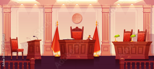 Courtroom interior cartoon vector background. Trial justice room illustration. Table and chair for lawyer, witness, prosecutor and defendant on hearing session. Supreme tribunal investigation scene