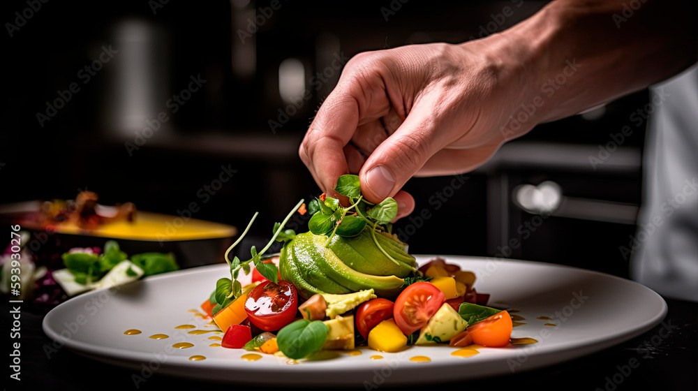 A chef's hand garnishing a salad with sliced avocado and tomatoes.