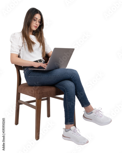 Transparent png full body length view woman using laptop. Sitting on the chair. Eye level view image of businesswoman typing on modern notebook. Isolated white background, copy space.