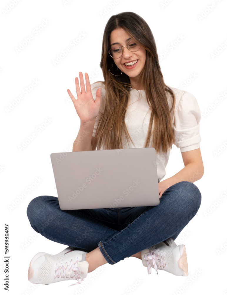 E-learning concept, caucasian 20s university student e-learning concept. Sitting on the ground, holding laptop wave hand. Distance education. Attending online webinar. Isolated white background. E-learning concept, caucasian 20s university student e-learning concept. Sitting on the ground, holding laptop wave hand. Distance education. Attending online webinar. Isolated white background.