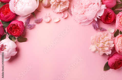 Peonies, roses on pink background with copy space. Abstract natural floral frame layout with text space. Romantic feminine composition. Wedding invitation. International Women day, Mother Day concept