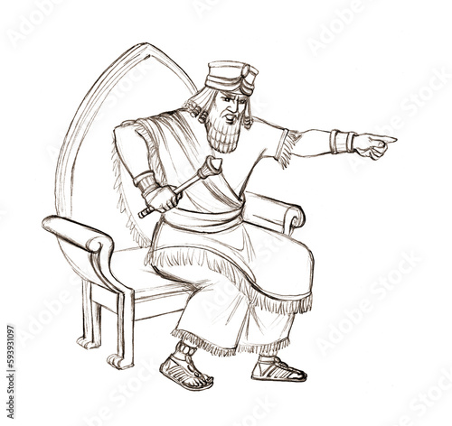 An angry king on the throne. Pencil drawing