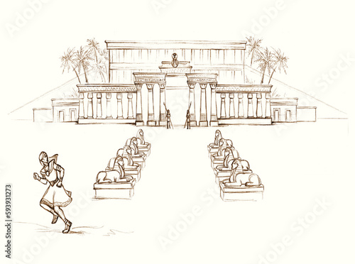 Pencil drawing. Moses flees from Egypt