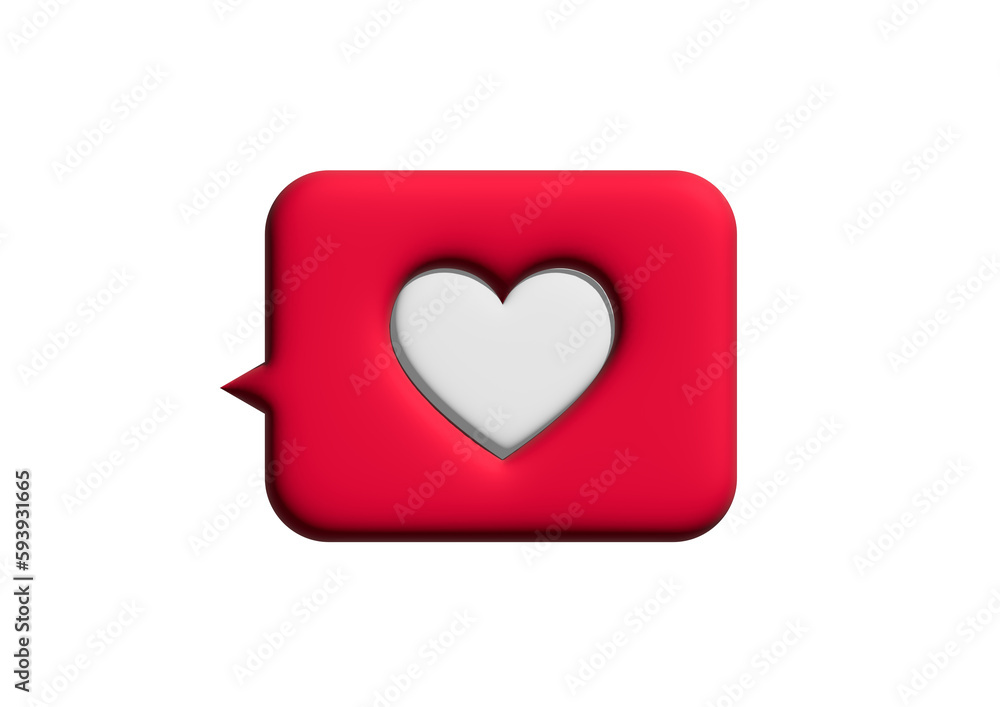 3DCGの赤いハートのふきだしと、白い背景のイメージイラスト。A 3DCG red heart balloon and an image illustration on a white background. 3DCGの赤いハートのふきだしと、白い背景のイメージイラスト。A 3DCG red heart balloon and an image illustration on a white background.