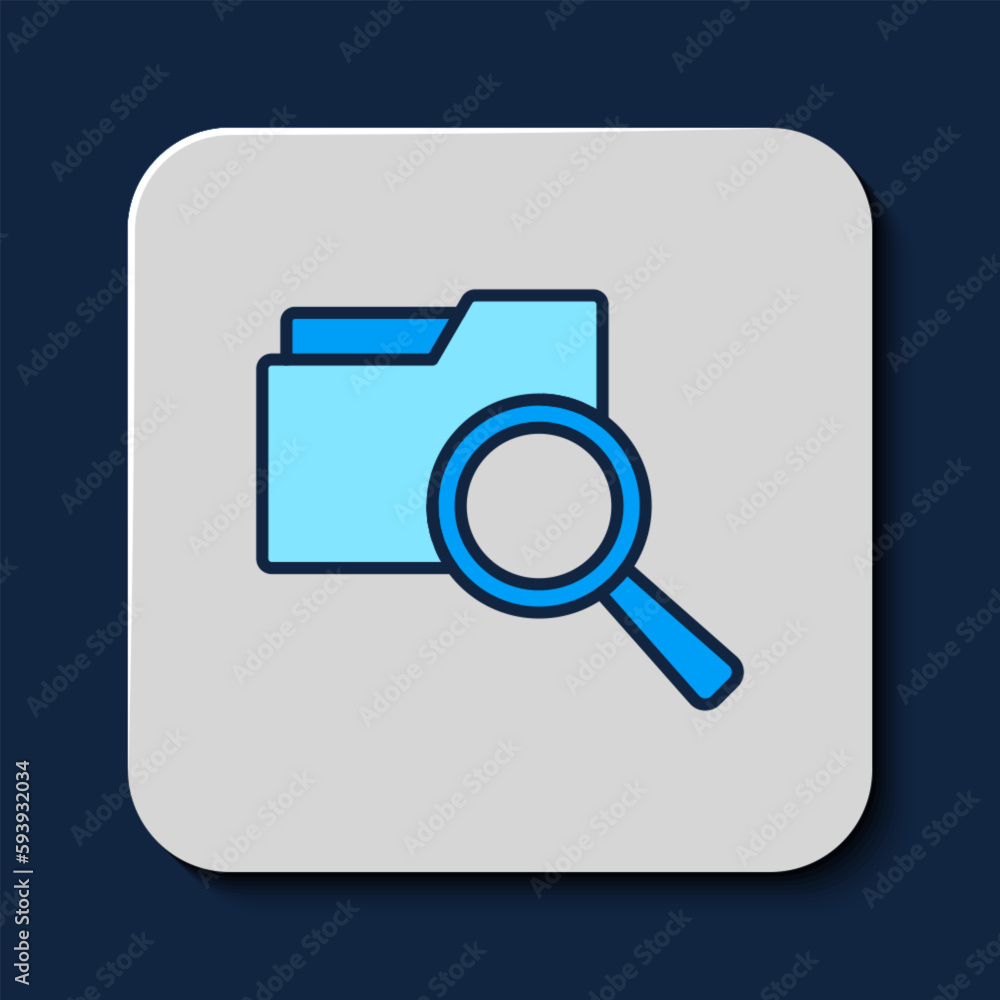 Filled outline Search concept with folder icon isolated on blue background. Magnifying glass and document. Data and information sign. Vector Filled outline Search concept with folder icon isolated on blue background. Magnifying glass and document. Data and information sign. Vector
