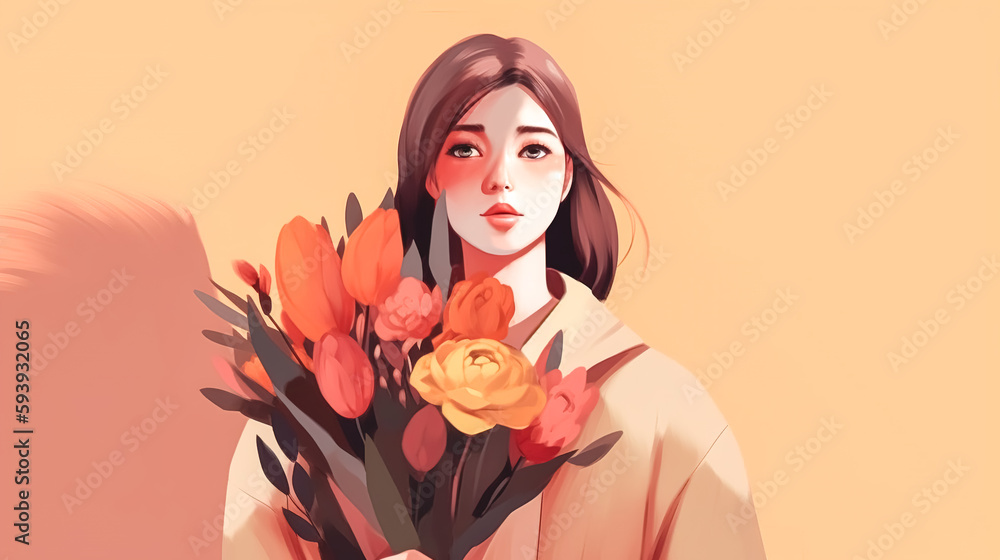 Beautiful young woman with a bouquet of flowers, generative AI. Beautiful young woman with a bouquet of flowers, generative AI.