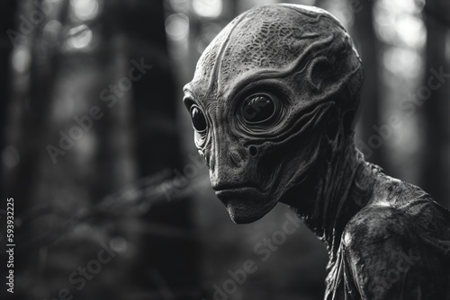 Black and white image of an alien in a gloomy forest. Generated ai.