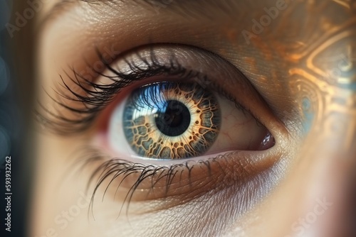 Close up image of a biomechanical eye of an ordinary person. Generated ai.