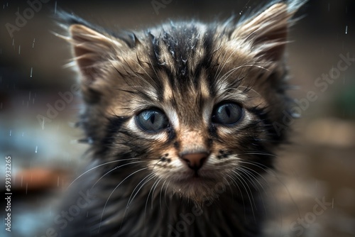 Portrait of a cute sad wet homeless kitten. Generated ai.