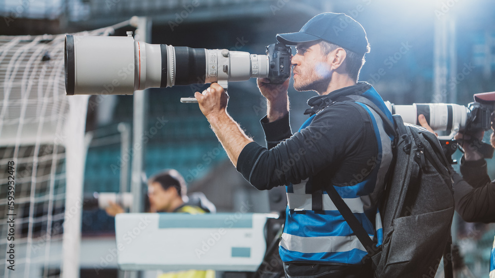 Professional Press Officer, Sports Photographers with Camera with Zoom Lens Shooting Football Championship Match on Stadium. International Cup, World Tournament Event. Photography, Journalism, Media - obrazy, fototapety, plakaty 