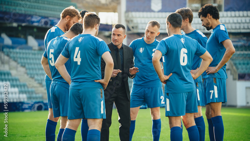 Professional Soccer Team Training  Tactical Coaching  Football Coach Explains Game Strategy  Tactics  Workout Plan to Players. Trainer Motivates Athletes  Leads to Victory  Preparing For Match