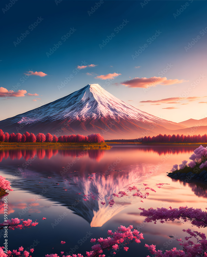 Fuji mountain with sakura, Illustration by Generative Ai