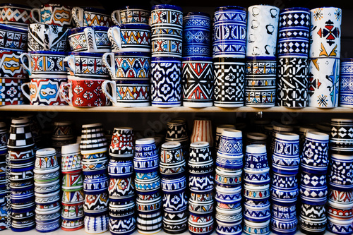 Traditional Moroccan handmade crafts plates and cups in Marrakech medina souvenir shop