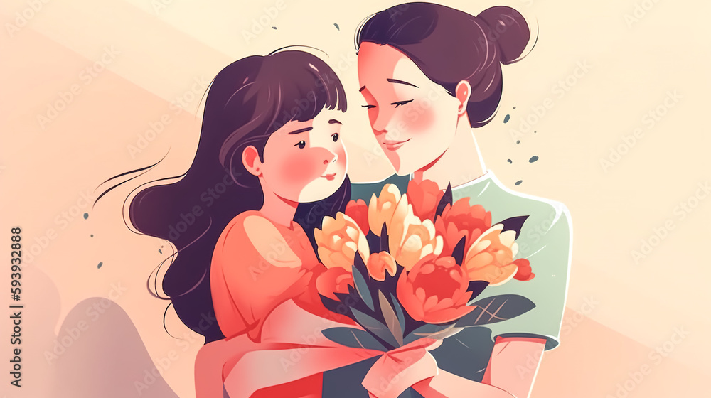 A little girl gives her mother a bouquet of flowers, generative AI.