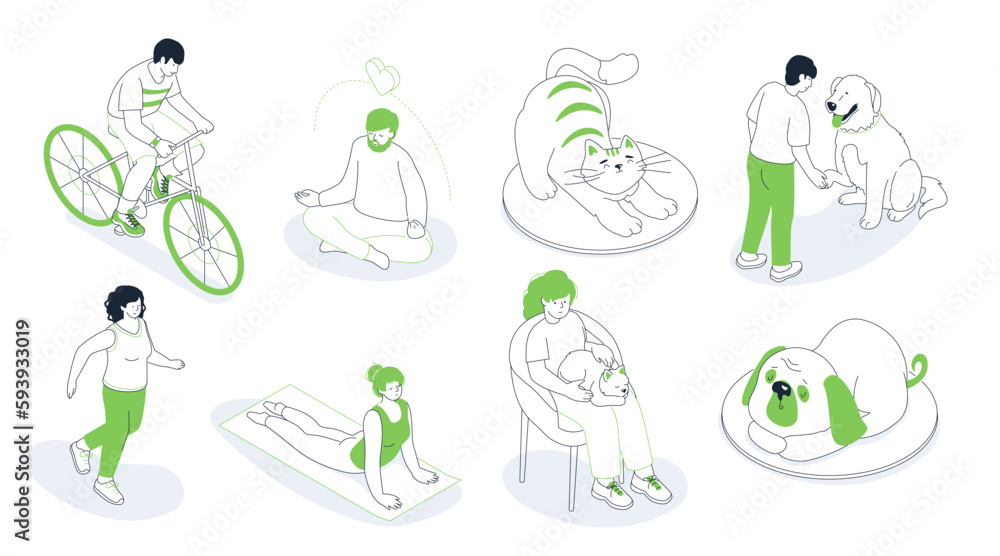 People, sports and pets - modern line design style isometric illustration set