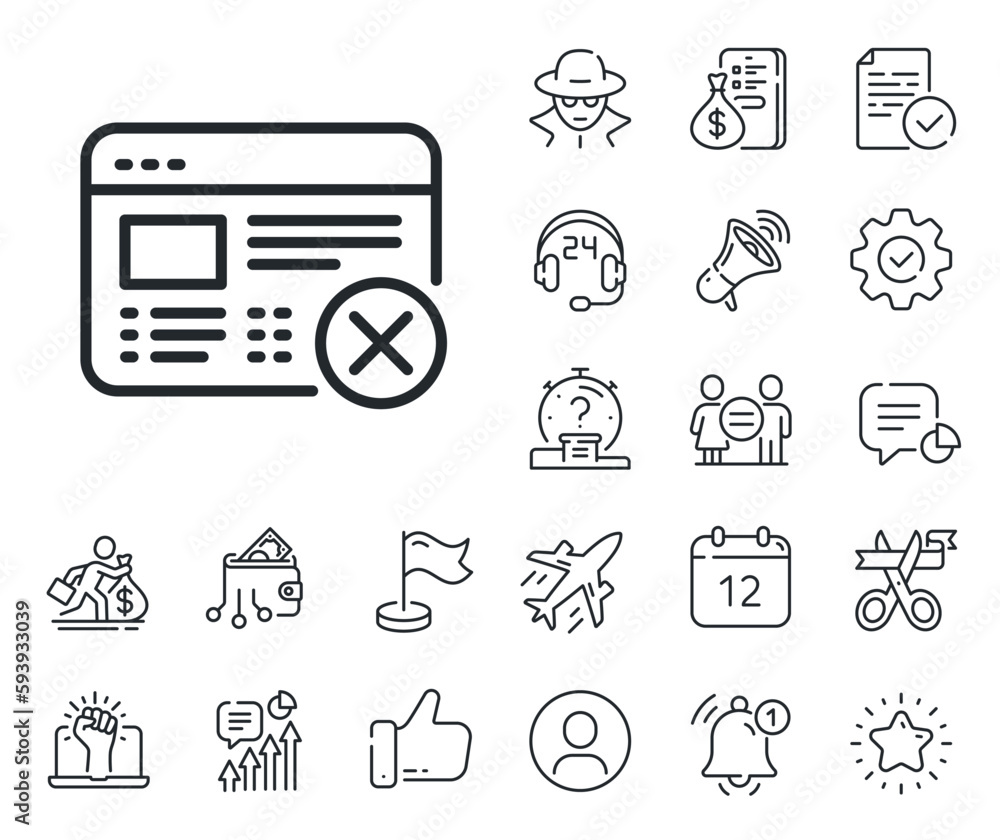 No internet sign. Salaryman, gender equality and alert bell outline icons. Reject web page line icon. Delete browser. Reject web line sign. Spy or profile placeholder icon. Vector No internet sign. Salaryman, gender equality and alert bell outline icons. Reject web page line icon. Delete browser. Reject web line sign. Spy or profile placeholder icon. Vector