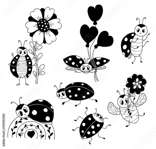 Collection cute ladybugs. Funny small insect on rainbow, with flower and balloons. Vector illustration. Isolated hand drawings doodle.