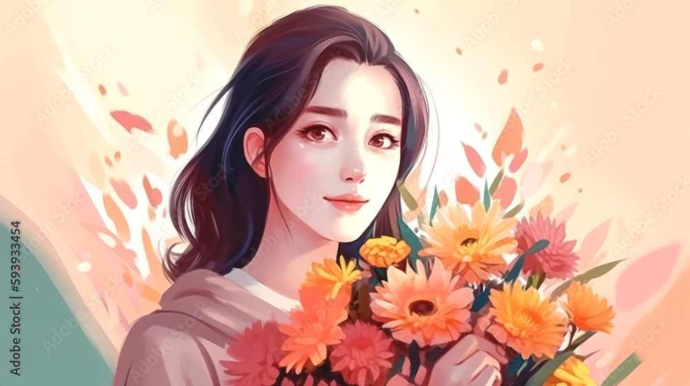 Beautiful young woman with a bouquet of flowers, generative AI. Beautiful young woman with a bouquet of flowers, generative AI.