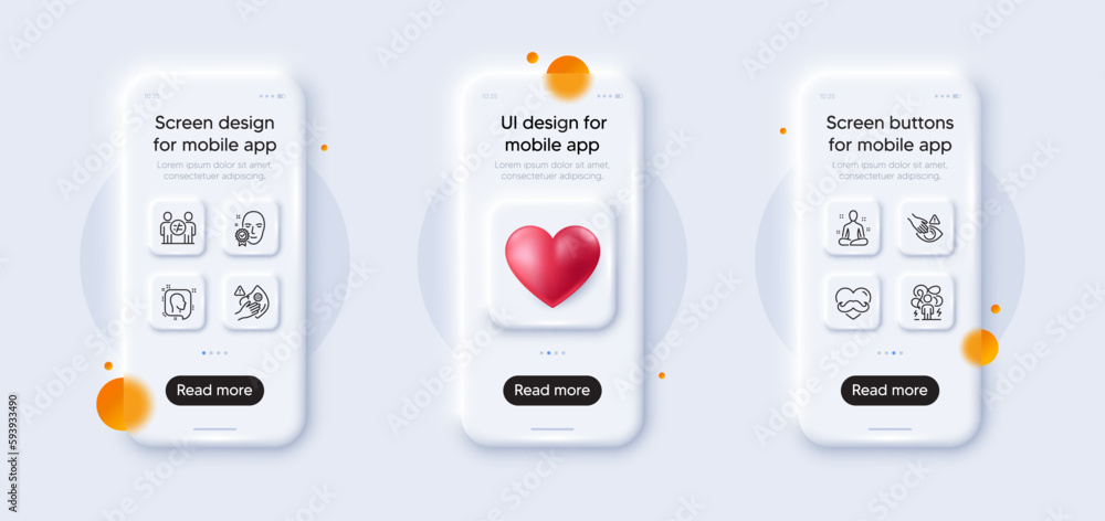 Dirty mask, Discrimination and Face verified line icons pack. 3d phone mockups with heart. Glass smartphone screen. Yoga, Difficult stress, Dont touch web icon. Father day, Head pictogram. Vector Dirty mask, Discrimination and Face verified line icons pack. 3d phone mockups with heart. Glass smartphone screen. Yoga, Difficult stress, Dont touch web icon. Father day, Head pictogram. Vector