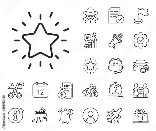 Success reward symbol. Salaryman, gender equality and alert bell outline icons. Rank star line icon. Best result sign. Rank star line sign. Spy or profile placeholder icon. Vector